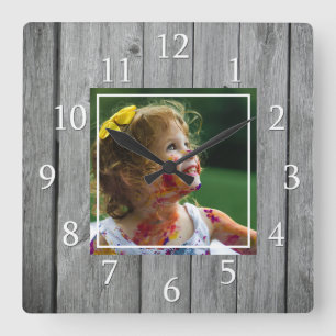 Horloge Carrée Rustic Farmhouse Gray Wood Custom