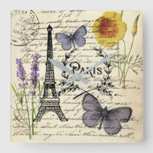 Horloge Carrée rustic french country scripts paris eiffel tower