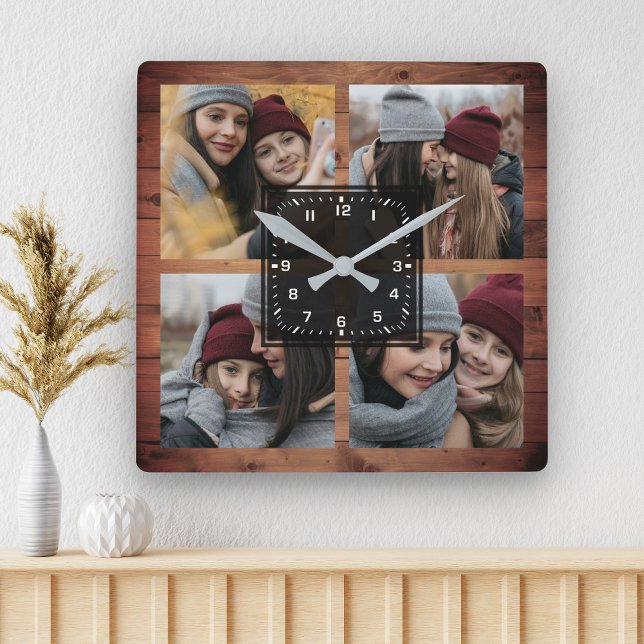 Horloge Carrée Rustic Grange Wood 4 Photos Famille Photo Collage (Créateur téléchargé)