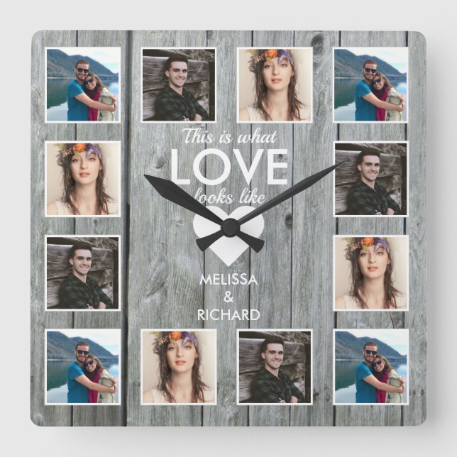 Horloge Carrée Rustic Grey Wood 12 Photo Collage Anniversaire Amo (Recto)