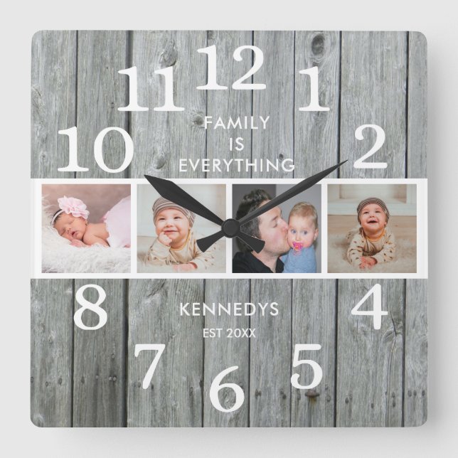 Horloge Carrée Rustic Grey Wood 4 Photo Family Citation Ferme (Recto)