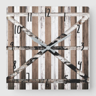 Horloge Carrée Rustic Multi Wood White & Brown Barn Door