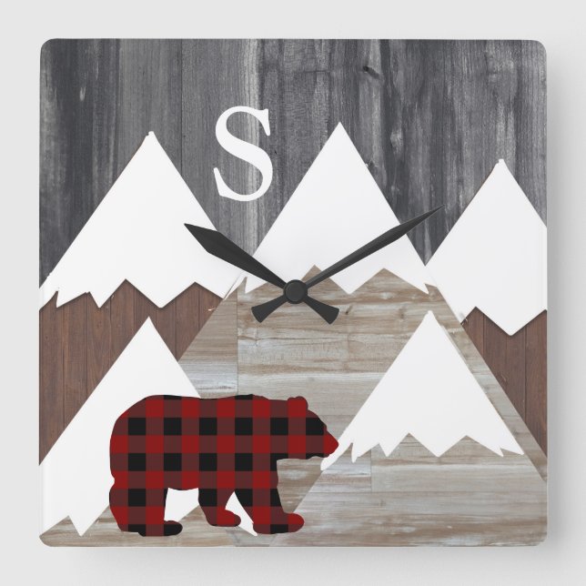 Horloge Carrée Rustic Snowy Mountains Buffalo Check Bear Monogram (Recto)