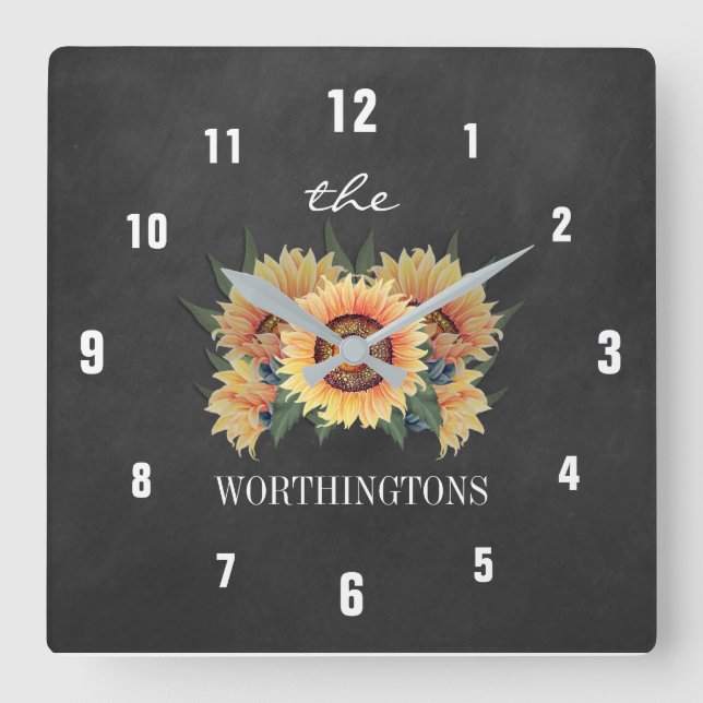 Horloge Carrée Rustic Sunflower Country Chalkboard Nom de famille (Recto)