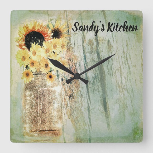 Horloge Carrée Rustic Sunflowers & Mason Jar Kitchen Clock (Recto)