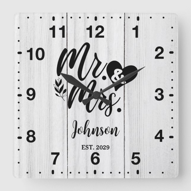 Horloge Carrée Rustic White bois élégant Script Mr & Mrs. (Recto)