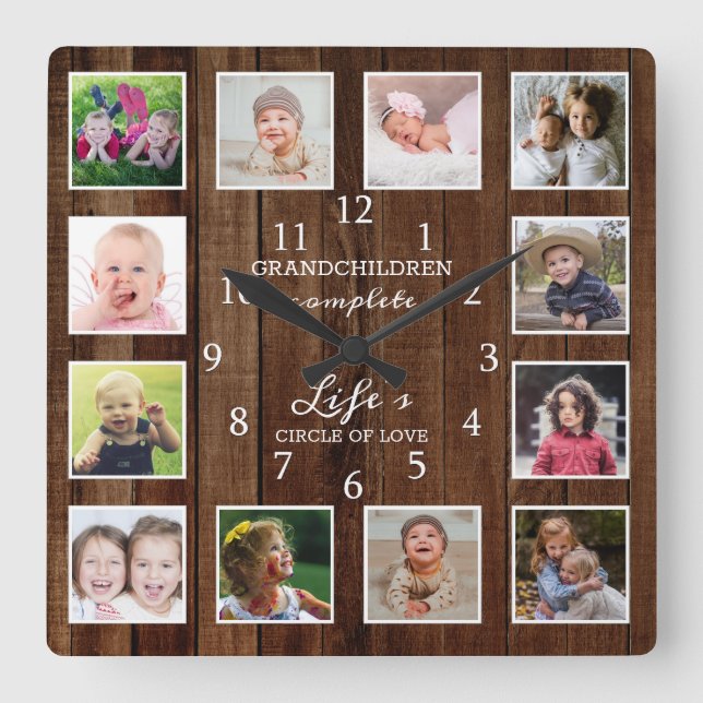 Horloge Carrée Rustic Wood 12 Photo Collage Petits-enfants Citati (Recto)