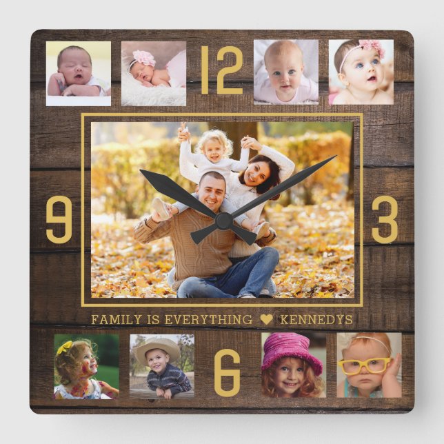 Horloge Carrée Rustic Wood 9 Photo Collage Citation Gold Numéros (Recto)