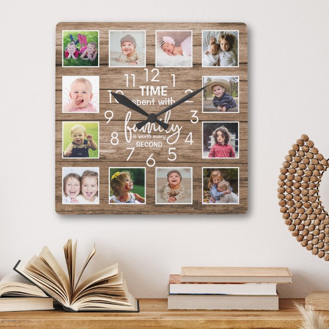 Horloge Carrée Rustic Wood Famille Temps Citation 12 Photo Collag (Créateur téléchargé)