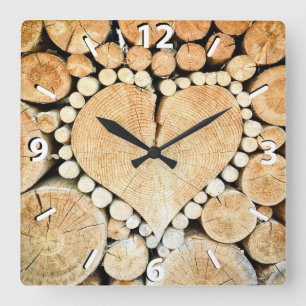 Horloge Carrée Rustic, Wood Heart