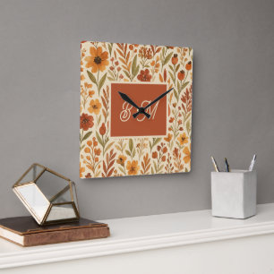 Horloge Carrée Rustique Automne vibes d'automne & Monogramme flor