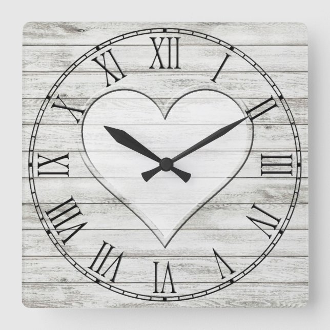 Horloge Carrée Rustique Beau Bois Texture Coeur (Recto)