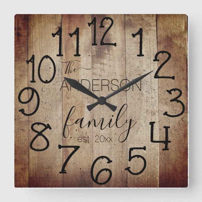 Horloge Carrée Rustique Faux Wood Grange Farmhouse Personnalisé N (Recto)