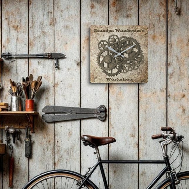 Horloge Carrée Rustique Gears Sprocket Steampunk Sur Modèle De Pi (cluster of gears square wall clock )