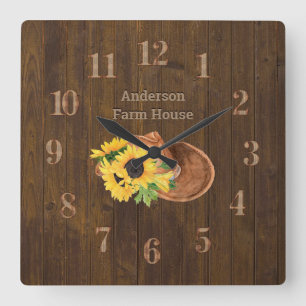 Horloge Carrée Rustique Grange Bois Ferme Casquette Tournesols