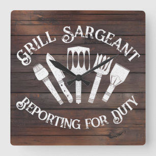 Horloge Carrée Rustique ‘ 'Grill Sargeant' - Drôle cadeau BBQ