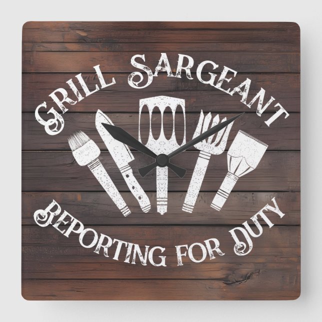 Horloge Carrée Rustique ‘ 'Grill Sargeant' - Drôle cadeau BBQ (Recto)