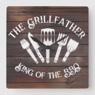 Horloge Carrée Rustique "Le Grillfather : Drôle cadeau barbecue