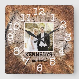 Horloge Carrée Rustique Mariage personnalisé Anniversaire photo