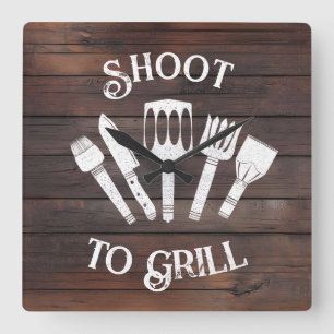 Horloge Carrée Rustique ‘Shoot To Grill’ - Drôle cadeau BBQ