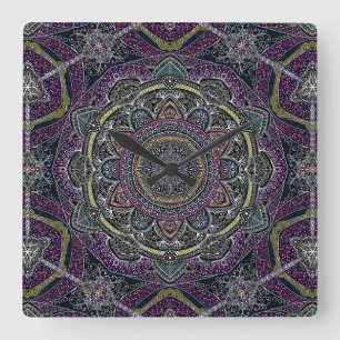 Horloge Carrée Sacré mandala étoiles et dentelle violet et noir