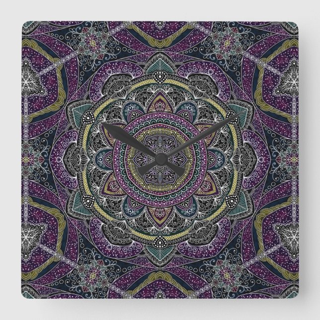 Horloge Carrée Sacré mandala étoiles et dentelle violet et noir (Recto)
