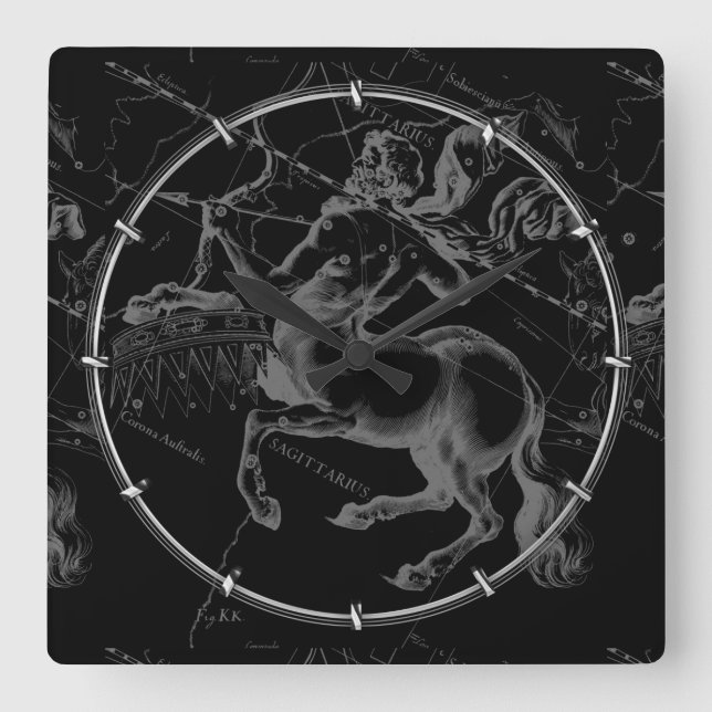 Horloge Carrée Sagittarius Constellation Hevelius Map on Black (Recto)