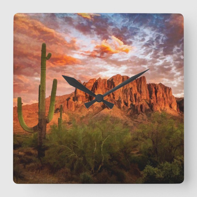 Horloge Carrée Saguaro Cactus Superstition Mountain Sunset Art (Recto)