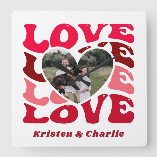 Horloge Carrée Saint Valentin Amour Couple Photo personnalisée (Recto)