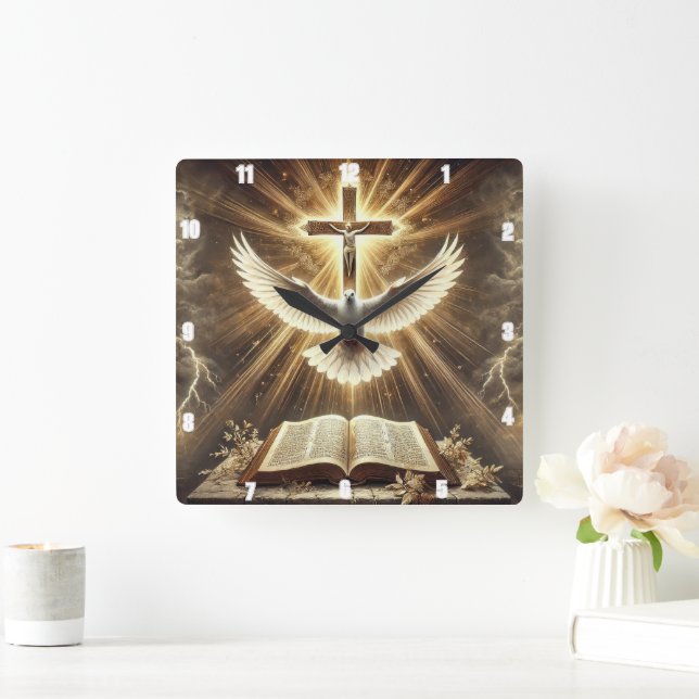 Horloge Carrée Sainte Esprit Croix Bible Dove (Maison)