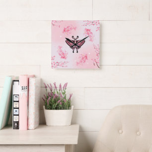 Horloge Carrée Sakura Bliss, Pink Moth, Arrière - plan Sakura