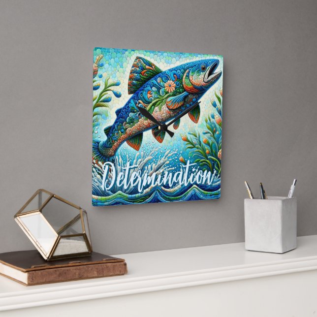 Horloge Carrée Salmon Jumping Mosaic Floral Blue Personalized (Bureau)