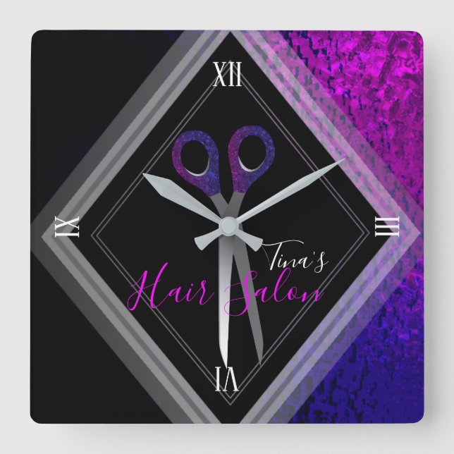 Horloge Carrée Salon de coiffure moderne violet & noir moderne (Recto)