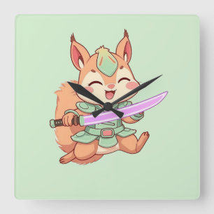 Horloge Carrée Samouraï écureuil kawaii.