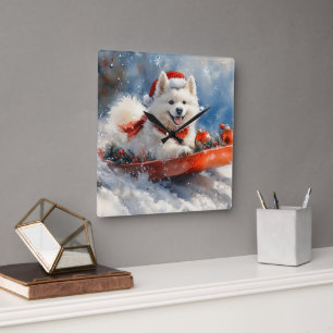 Horloge Carrée Samoyé Chien dans la boue Laisser il neige Noël