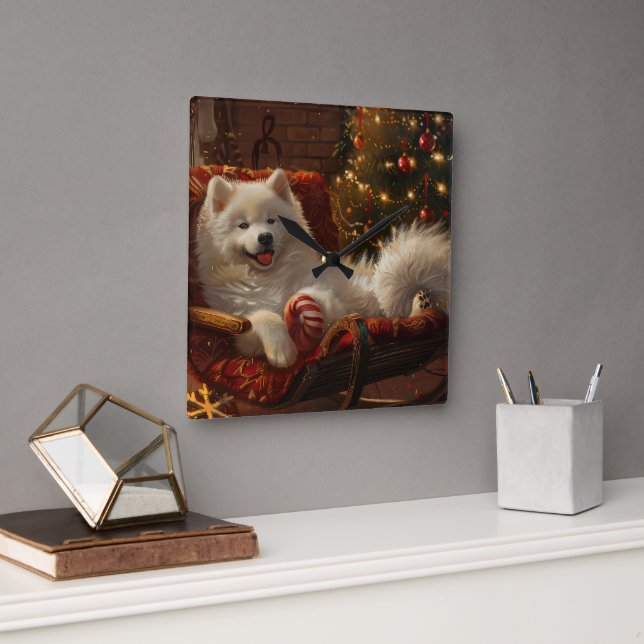 Horloge Carrée Samoyed Chien Festive de Noël (Bureau)