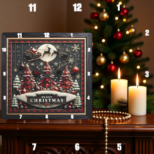 Horloge Carrée Sapins de Noël en Vichy Chariot de Père Noël
