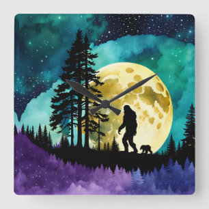 Horloge Carrée Sasquatch et Ours sur la montagne