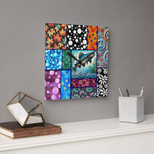 Horloge Carrée Saumon Patchwork Floral Fou Coloré