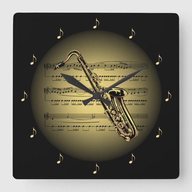 Horloge Carrée Saxophone 3-D Gold Globe ~ Partition Music ~ Black (Recto)