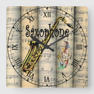 Horloge Carrée Saxophone ~ Musique en feuilles Vintages roulées ~