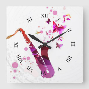 Horloge Carrée Saxophone musique mignonne et papillons