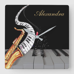 Horloge Carrée Saxophone Piano Music Luxe Personnalisé