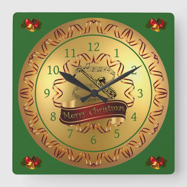 Horloge Carrée Saxophone ~ Scroll musical ~ "Joyeux Noël"  (Recto)