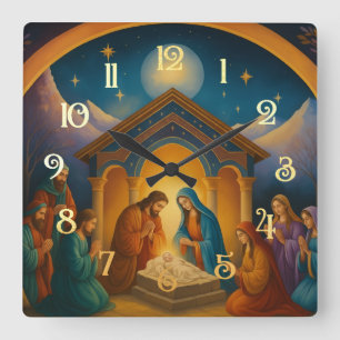 Horloge Carrée Scène de la Nativité Peinte Moderne