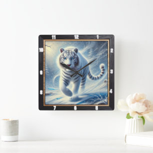 Horloge Carrée Scène de neige blanche Tigre Timepiece
