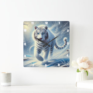 Horloge Carrée Scène de neige blanche Tigre Timepiece
