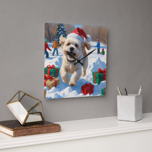 Horloge Carrée Scène de neige festive de Noël Bichon Frise