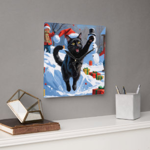 Horloge Carrée Scène de neige festive de Noël Black Cat