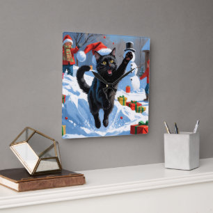 Horloge Carrée Scène de neige festive de Noël Black Cat